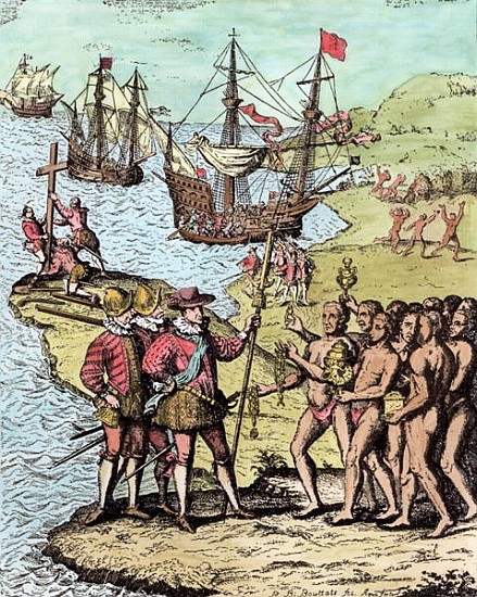 BAL209236 BAL209236 Columbus at Hispaniola, from 'The Narrative and Critical History of America', edited by Justin Winsor, London, 1886 (engraving) (later colouration) by Bry, Theodore de (1528-98) (after); Private Collection; (add. info.: in Columbus and his discoveries); Flemish, out of copyright