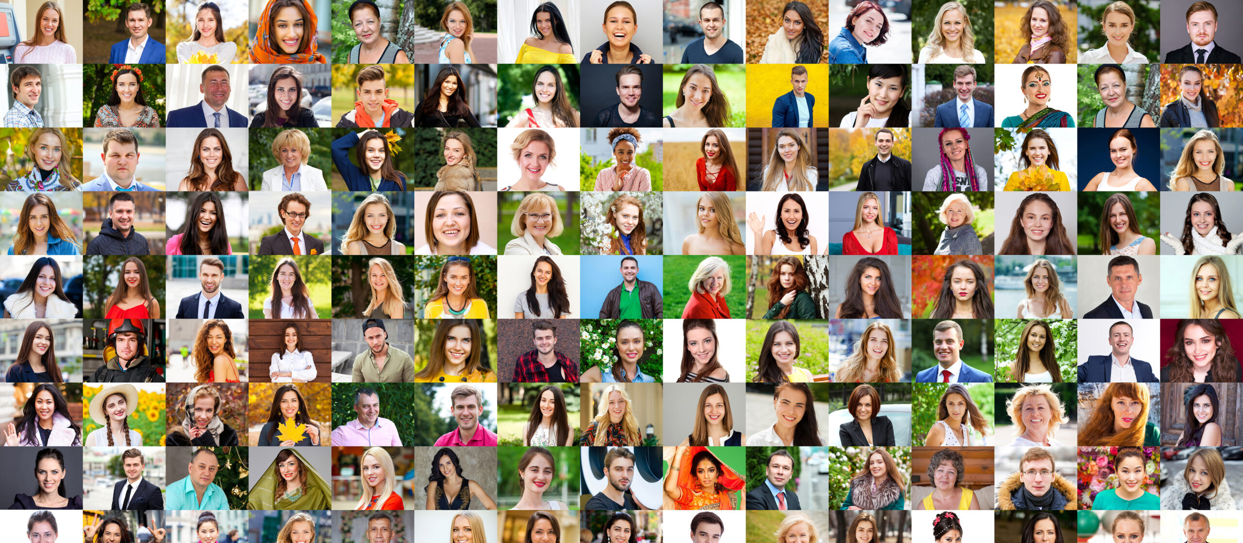 Collage of photos of young and real happy people over 16 years old