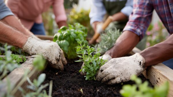 Hands work together to plant fresh herbs in rich soil in a sunny community garden.