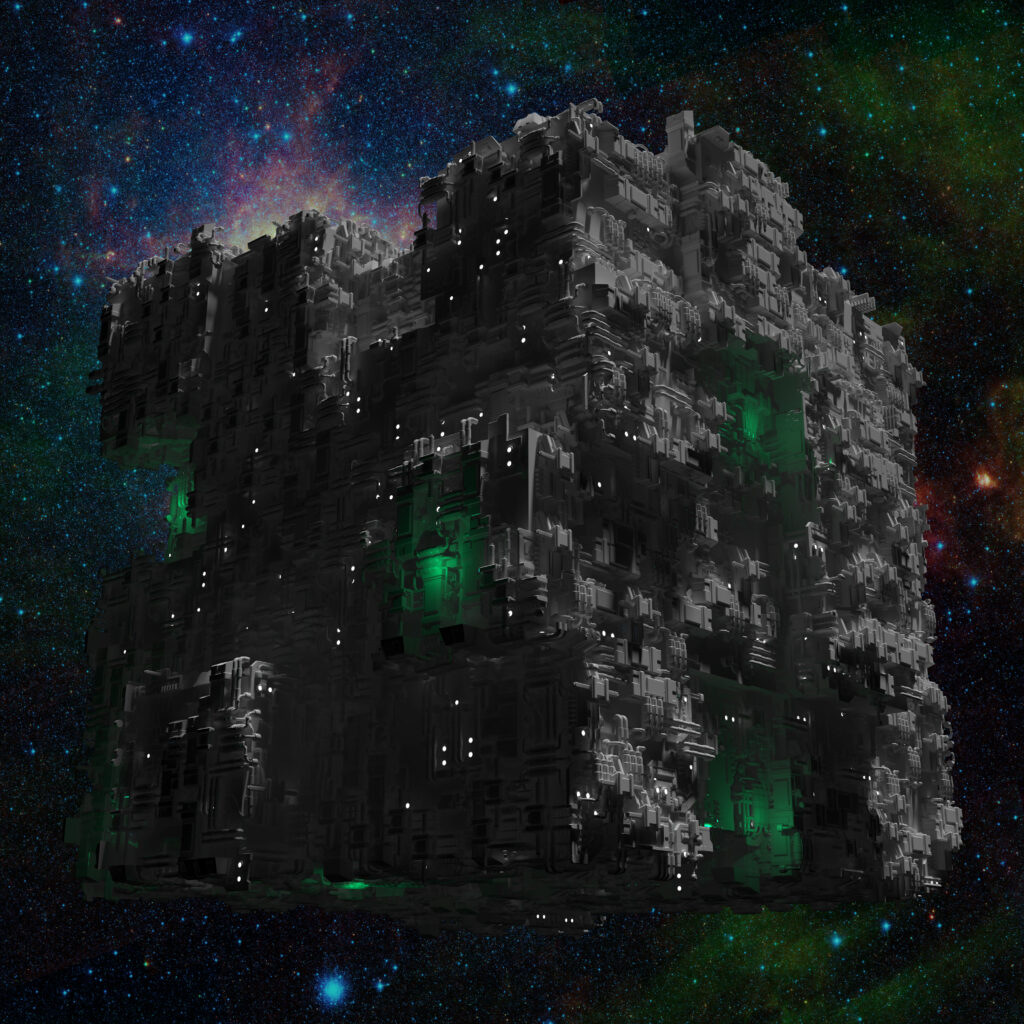 Space ship cube with galaxy background and green lights