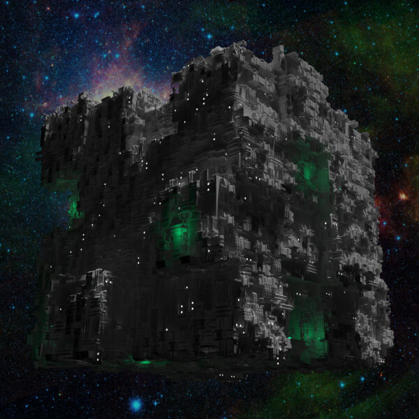 Space ship cube with galaxy background and green lights