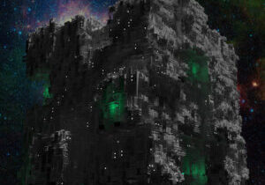 Space ship cube with galaxy background and green lights